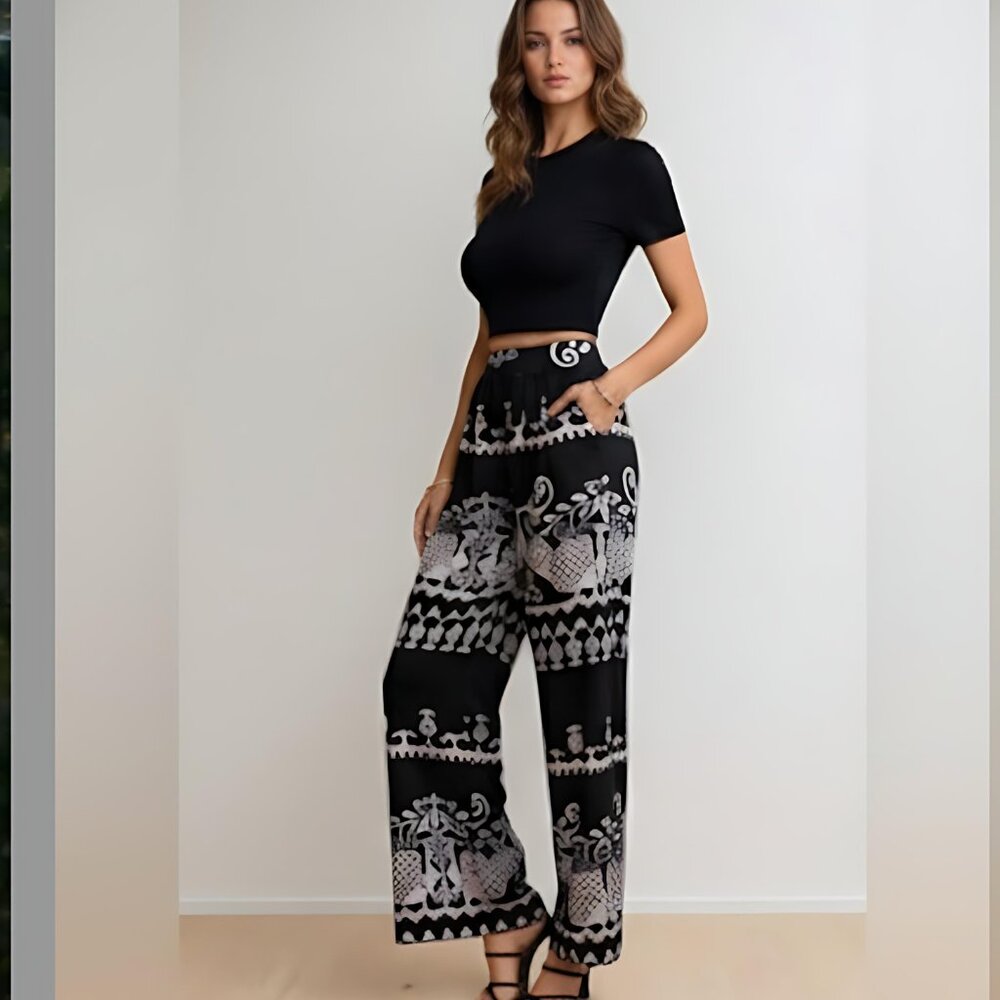 Black Crop Tee & Graphic Print Wide Leg Pants